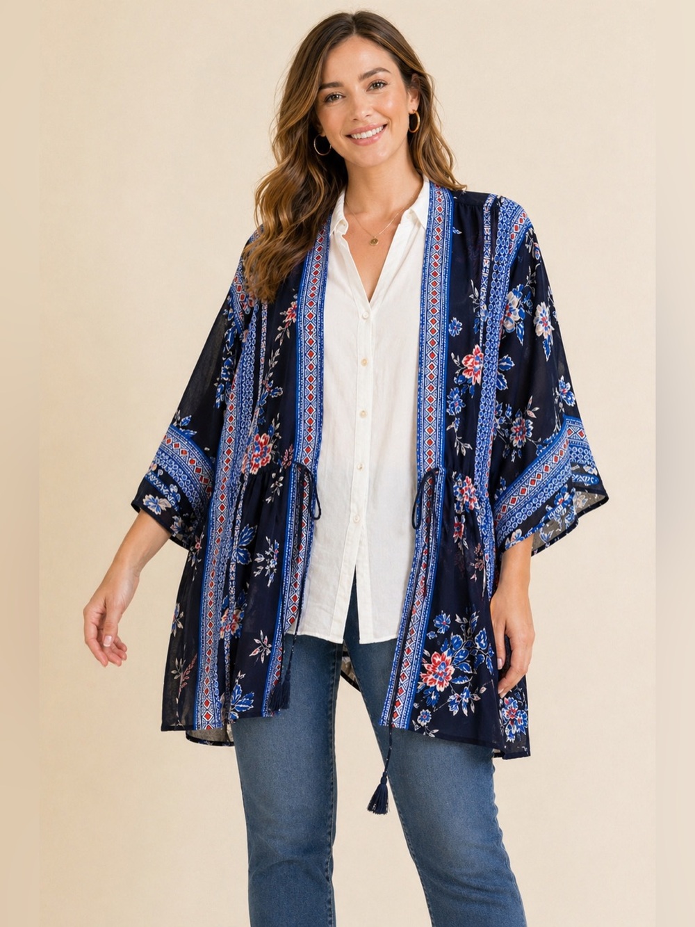 DR2 Floral Boho Kimono Cardigan L/XL Navy Blue Tassel Duster